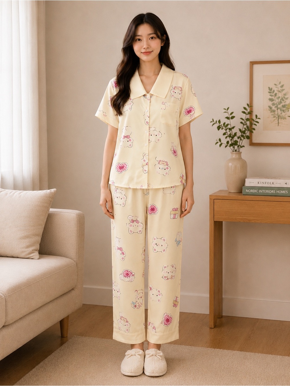 Cream Short-Sleeve Pajama Set with Playful Print